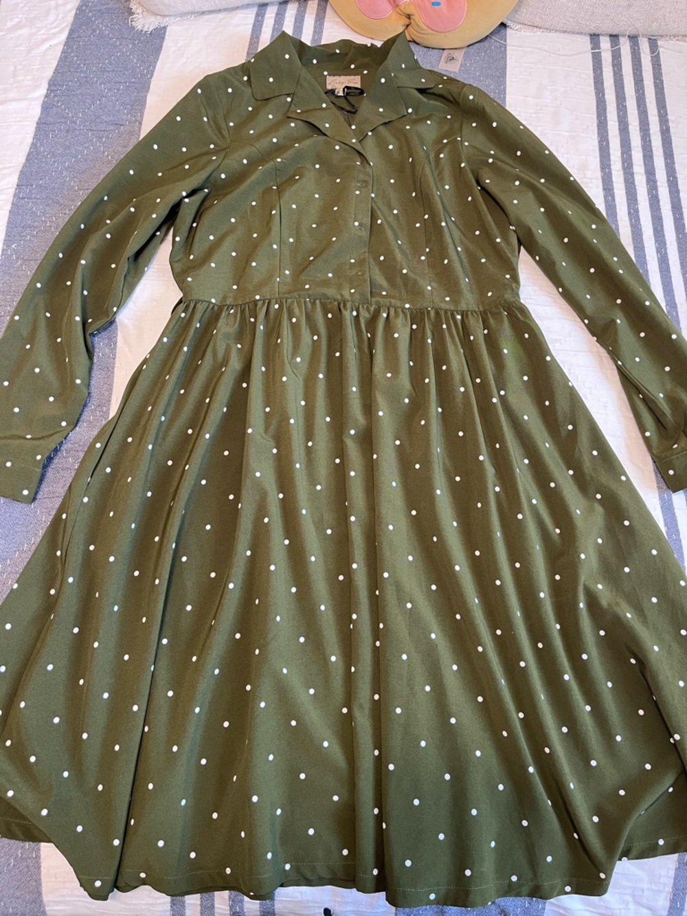 Lindy Bop Olive Green Polka Dot Collared Long Sleeve Dress size 12